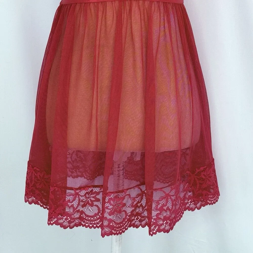 Daisy Fuentes Babydoll Red Chiffon Lace Size M Lingerie Festival Slip Dress Sexy